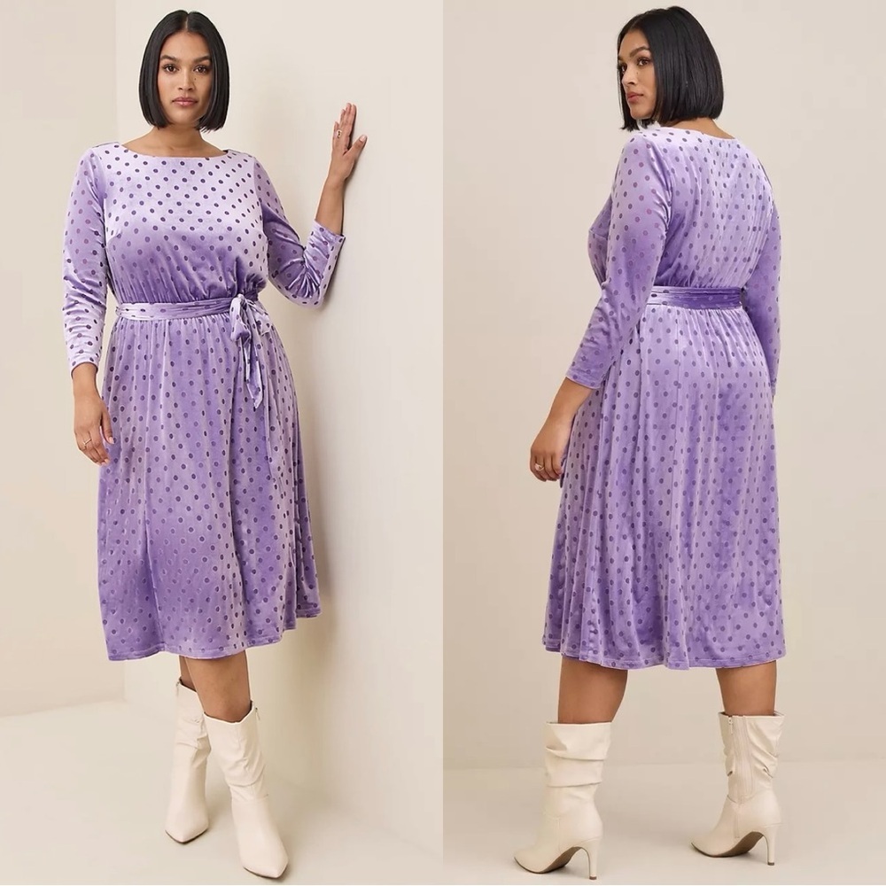 NWT torrid Women’s Midi Burnout Velvet Boatneck Dress in Polka Dot Purple 2X